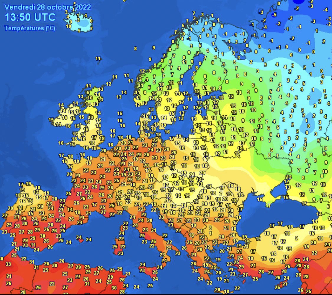 Temperatures in Europe on 28th October 2022