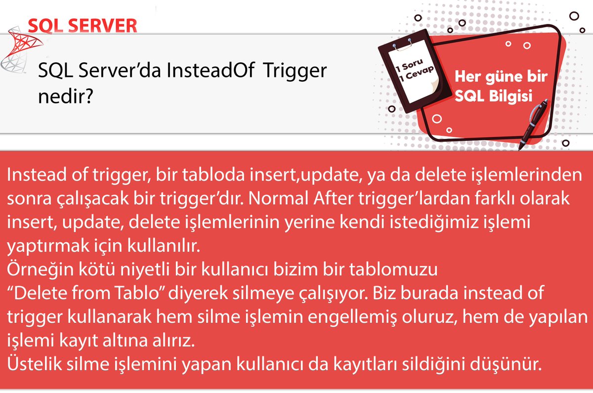omer_colakoglu's tweet photo. SQL Server’da Instead Of Trigger nedir?
#hergüne1sqlbilgisi #trigger #insteadoftrigger https://t.co/MG3sv2Jhh5
