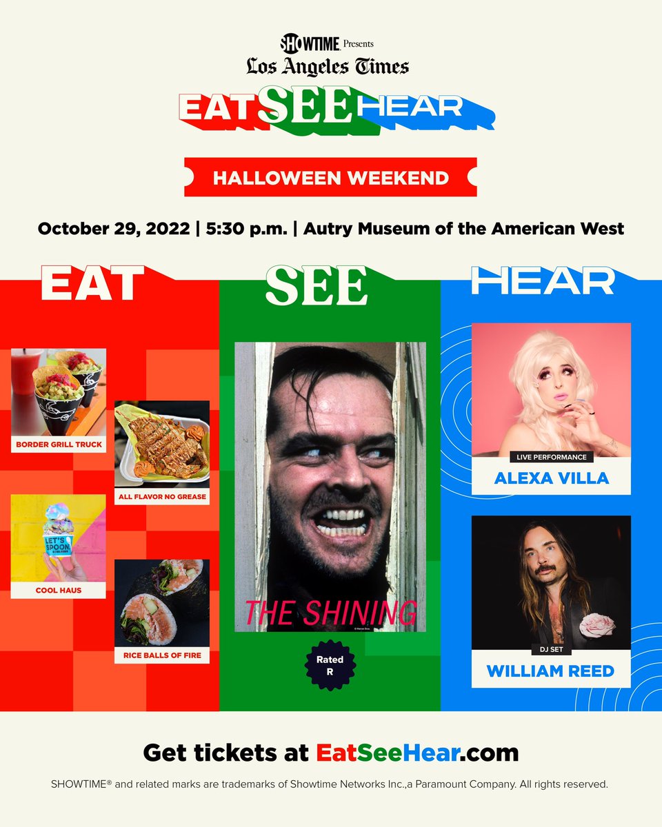 Join us for tonight’s Eat See… Here’s Johnny! We'll be screening the horror movie classic, The Shining. 😱

@unclenearest will be there serving up the spooky cocktails. Plus, a special pop up from @Tajinusa and more! 🎃👻

Presented by @SHOWTIME.