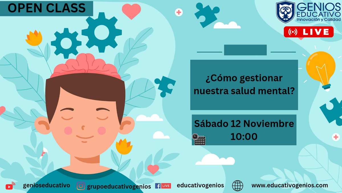 🌟OPEN CLASS GRATIS 🌟

Tema: 

✅ ¿ Cómo gestionar nuestra salud mental ? 

🗓 Sábado 12 Noviembre 

⏰ 10:00 🇪🇨🇵🇪🇨🇴
⏰ 09:00 🇲🇽🇸🇻
⏰ 12:00 🇦🇷🇨🇱🇧🇷 

👩‍⚕️ Expositor: 

Dra. Irina Tenorio Ramírez.

👇Inscripciones GRATIS 👇

forms.gle/qsniD3rXMYcJ5V…
