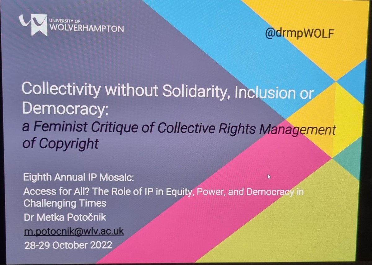 Second day of great research presentations! @drmpWOLF discussing her great work with feminist critique of IP @IPSocialJustice #IPMosaic2022