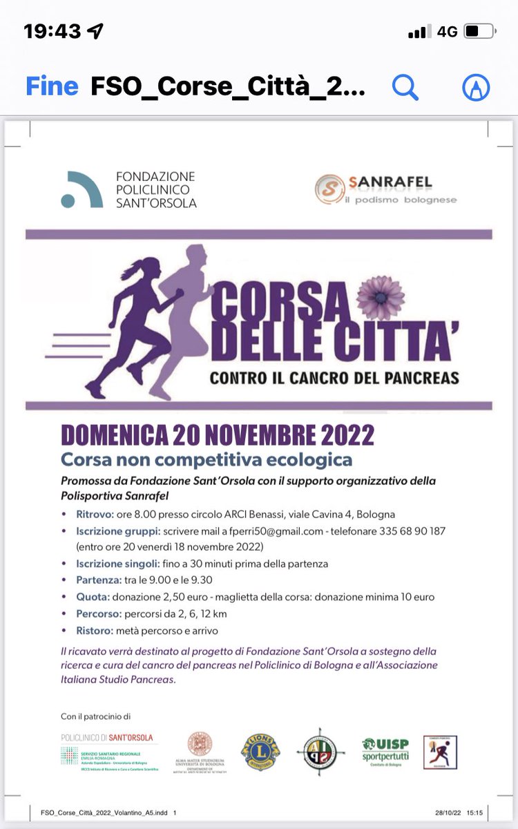 Bologna 20 novembre 2022 parco dei cedri corsa delle città contro il cancro del pancreas… evento benefico… vi aspettiamo…