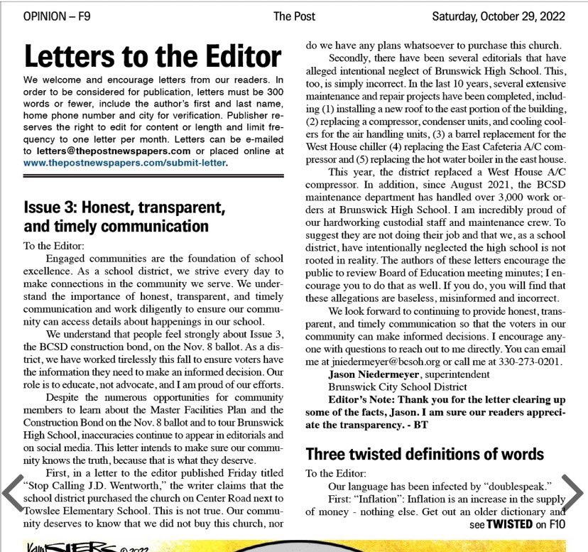 Dispelling rumors and inaccuracies, Superintendent Niedermeyer’s editorial below is a must read.