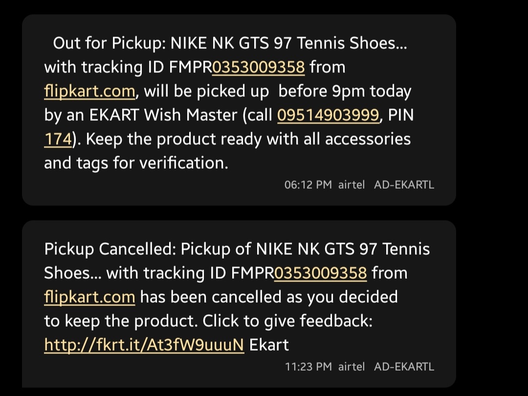 tarangtaneja's tweet photo. @Flipkart Ordered exchange for a product but got this message from Ekart. Nobody came for pickup of the product. Tried to call the wishmaster so many times on the given number but it never connects. Very disappointed with this. please help. https://t.co/30DfOIsG9E