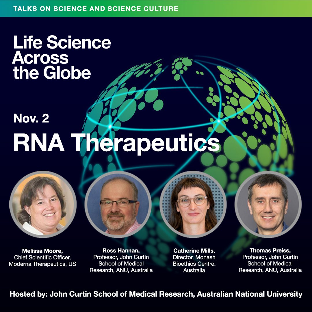 The next #LifeScienceAcrossTheGlobe explores RNA Therapeutics. Tune in to hear from @mooreorless62 @moderna_tx, Ross Hannan @JCSMR & @reprotechethics @MonashBioethics. Hosted by @JCSMR & moderated by @tominaustralia. Free & open to all ▶️ lifescienceacrosstheglobe.org @janeliaconf