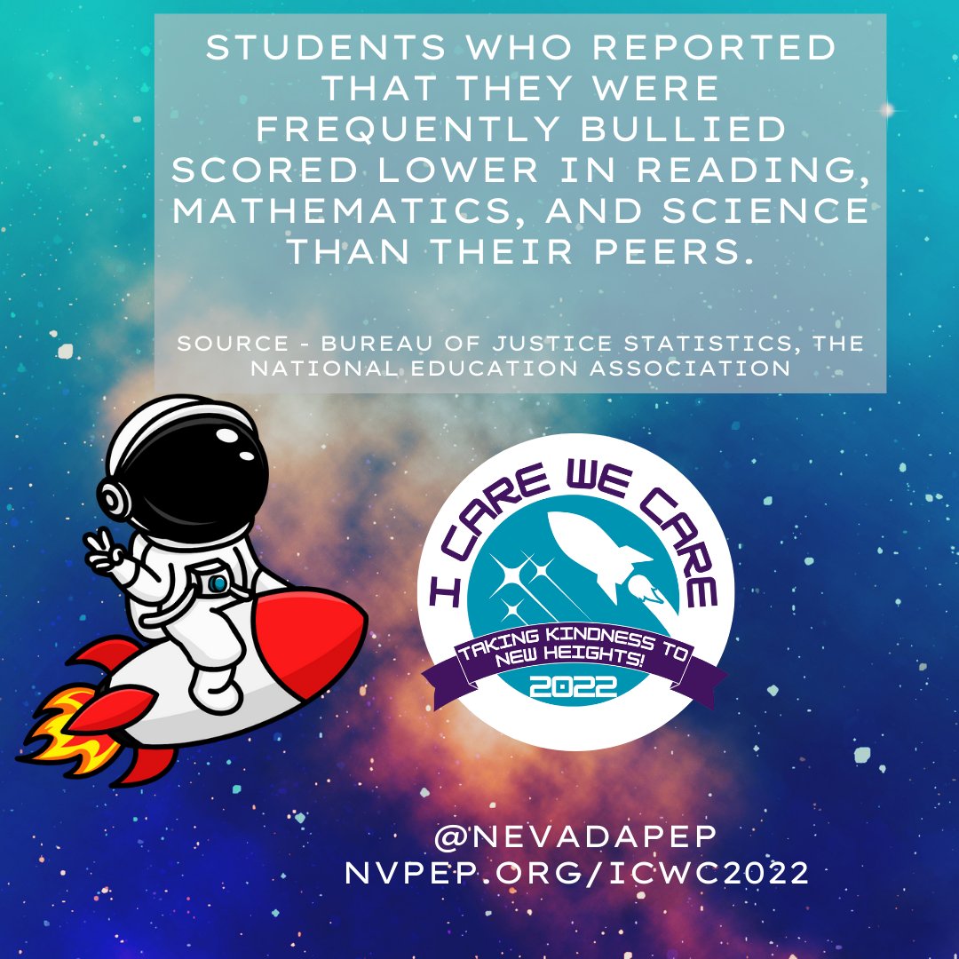 NevadaPEP's tweet image. Students who reported that they were frequently bullied scored lower in reading, mathematics, and science than their peers.

Learn more about what you can do to prevent bullying at NevadaPEP.org/ICWC2022

#ICWC2022 #BullyingPrevention #ChooseKindness #NevadaPEP