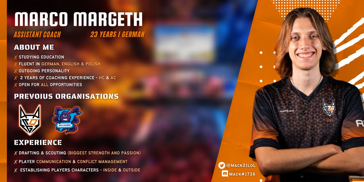 I´m LFT for Spring 23 as an AC in Prime League Div 3, ERL2, but im open for all offers. 
like and retweet appreciated 🧡

Ref. : <a href="/Tiltmanlol/">Tilman</a> <a href="/aptraxia/">Engie</a> @pingu1lol <a href="/shukkzz_lol/">Shukkzz</a> 

graphic: <a href="/aptraxia/">Engie</a>, photo: <a href="/exRMedia/">Luca | e x R'</a> 

<a href="/lft_prime/">Prime League LFT</a> <a href="/LFT_PL/">LFT POLAND</a>