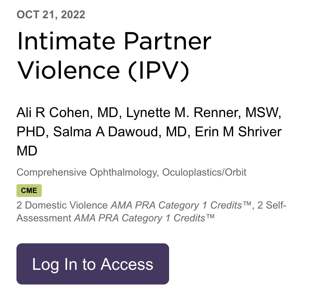 Thanks Dr McLeod &amp; <a href="/aao_ophth/">AAO</a> for giving our team (Drs Ali Cohen, Lynette Renner, &amp; <a href="/salmadawoud22/">Salma A. Dawoud</a>) the opportunity to update our #IntimatePartnerViolence CME course from 6 years ago. Learn about #IPV, injury patterns, how to screen &amp; make a safety plan.  aao.org/course/intimat…