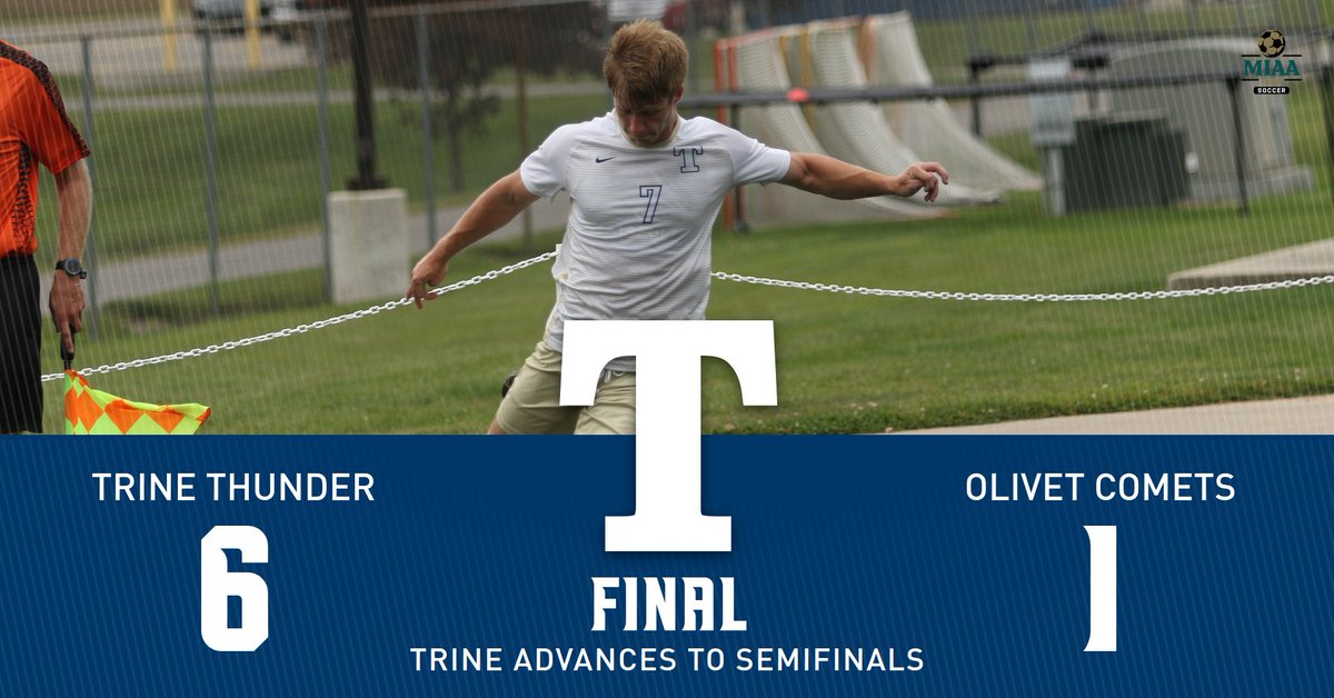 TrineAthletics's tweet image. Murphy's four-goal game advances @TrineMSoccer to the semifinals of the 2022 MIAA Tournament! #TrineNation #GoThunder @MIAA1888