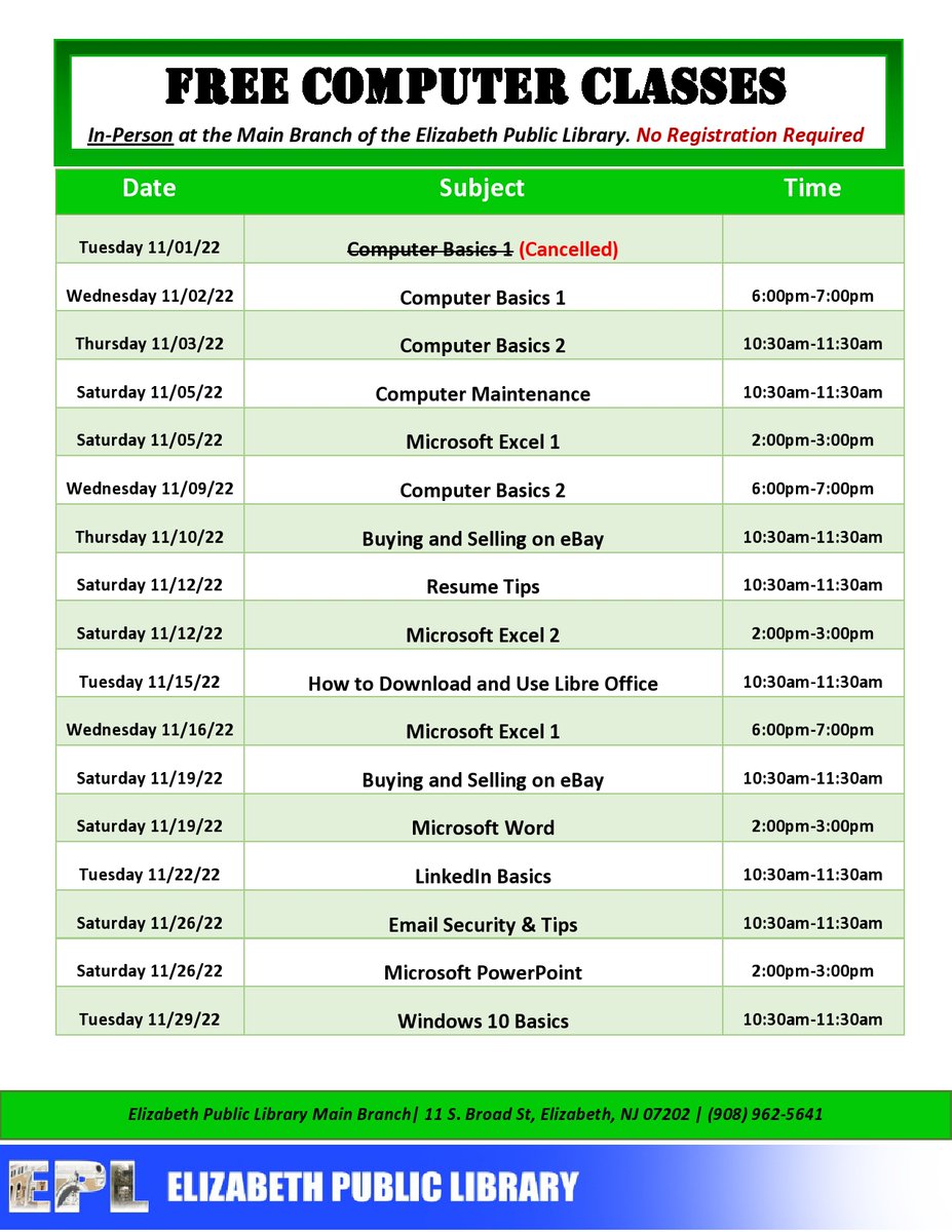 EPLNJ's tweet image. Free Computer Classes in the Elizabeth Public Library / Clases de Computacion Gratuitas en la biblioteca de Elizabeth