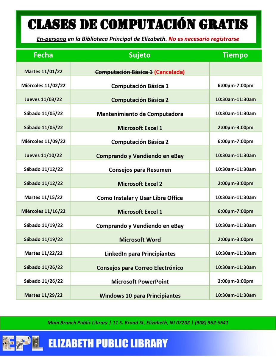 EPLNJ's tweet image. Free Computer Classes in the Elizabeth Public Library / Clases de Computacion Gratuitas en la biblioteca de Elizabeth