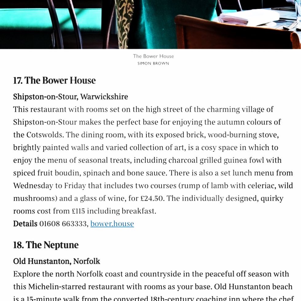 We’re delighted to be listed as one of the 30 Best Mini-Breaks for Foodies in The Times today ✨ and in such good company, too 🌿 

#Autumn #MiniBreak #RestaurantWithRooms #WeekendAway