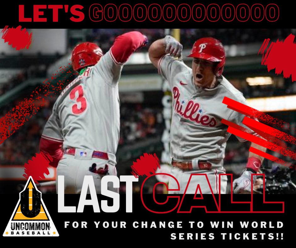 Uncommon12u's tweet photo. 🗣LAST CALL ‼️
DON’T MISS OUT ON A CHANCE TO BE @ WORLD SERIES GAME 4

$100 for 1-in-100 chance to win!

LIMITED # TICKETS https://t.co/p5C0LWYEYa

Live Zoom drawing 10/30 3pm - details to be emailed 

@uncommonbase100 
#ohana #worldseries #phillies #cooperstowndreamspark https://t.co/s9kbaUBmsA