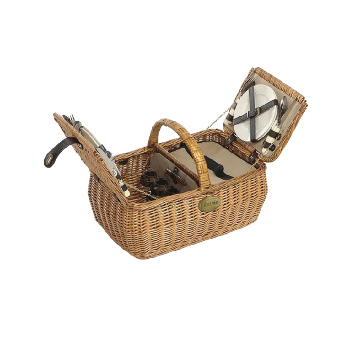 The Picnic hamper, dorothy, willow is an adorable dual compartment wicker basket containing a cooling bag and dining set for 4 people. This includes stainless steel cutlery, ceramic plates, wine glasses and bottle opener bottle opener. <a href="/ExclusiveFurni2/">Exclusive Furniture</a>