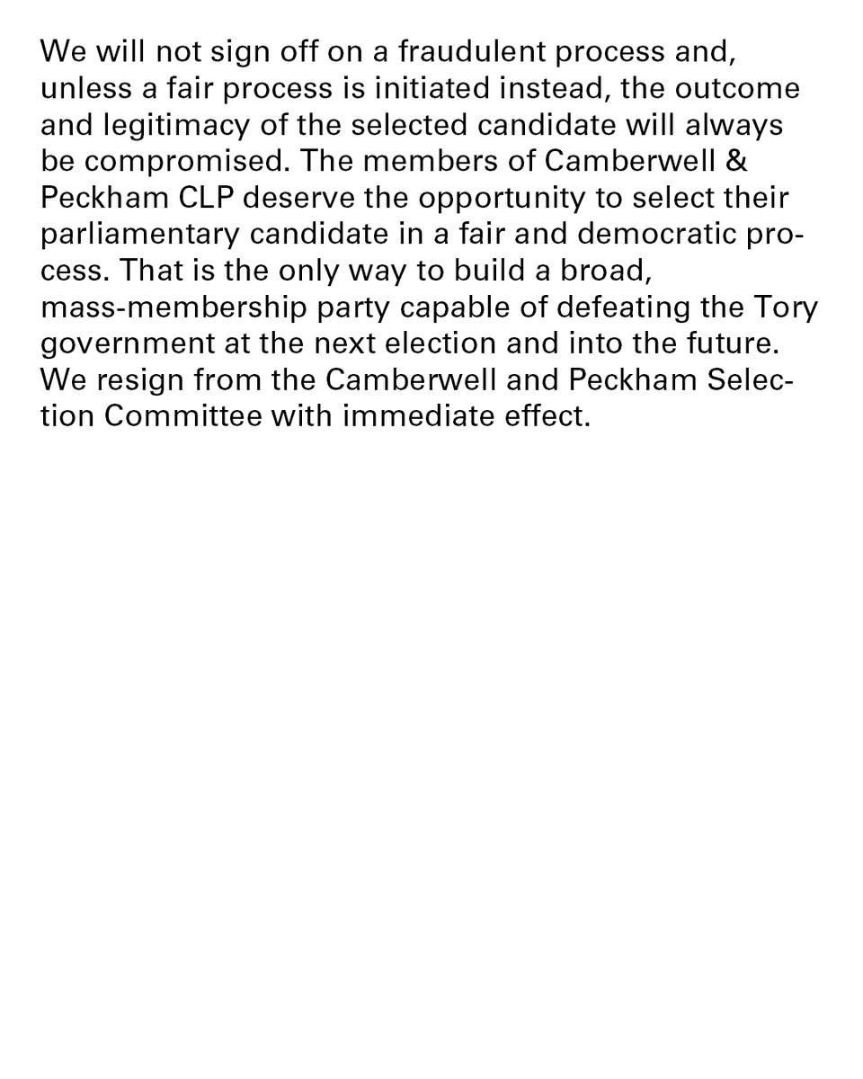 PeckhamLabour's tweet photo. Three members of the Selection Committee, including the Chair and Procedures Secretary, have resigned. https://t.co/r2lTxn5JjA