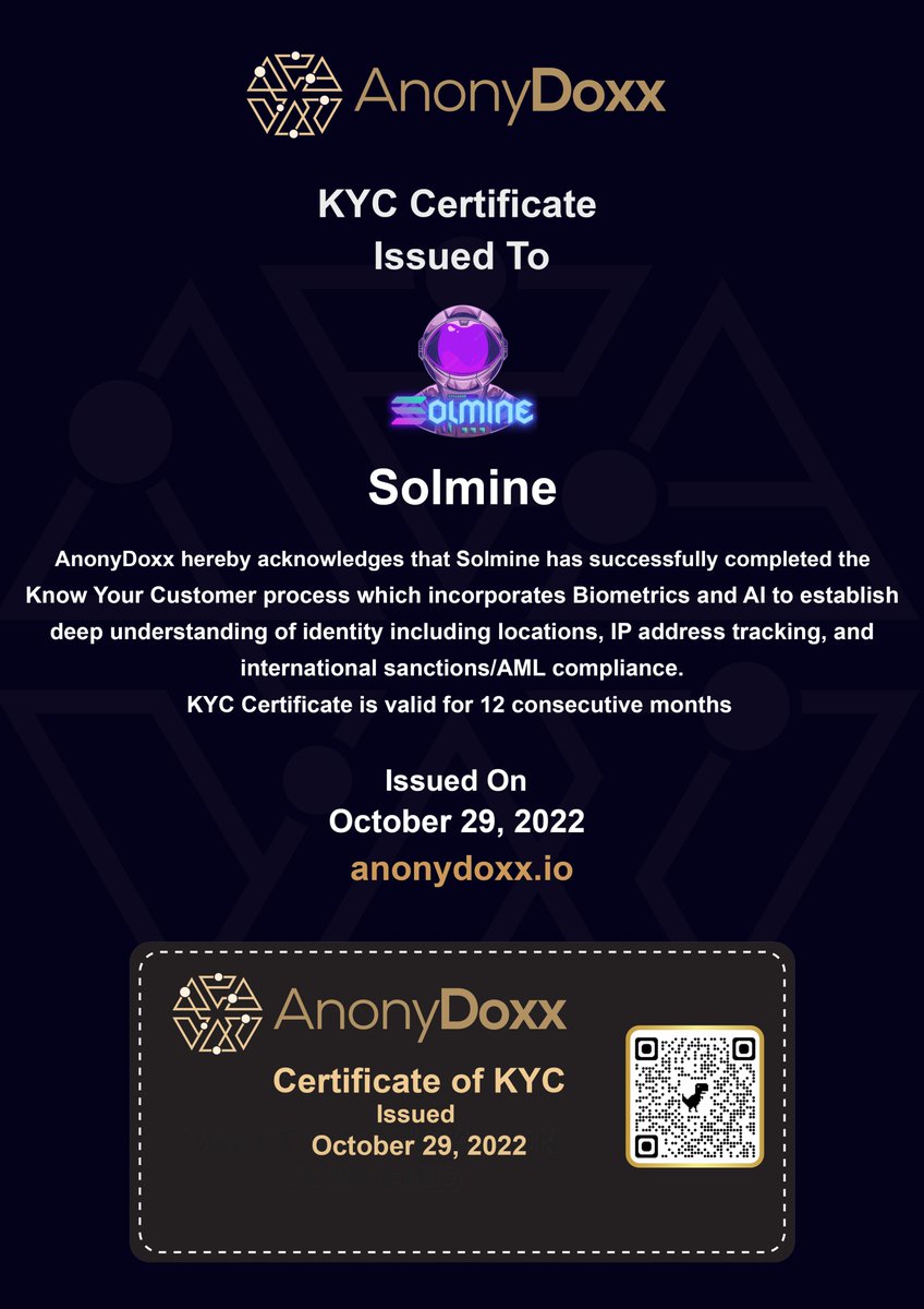 Proof of KYC issued to Solmine - <a href="/Solmine_io/">Solmine.io | FREE MINT</a> led by <a href="/whats_defi/">WhatsDefi</a>.  Congratulations!  It has been a pleasure working with your team.  #KYC #DeFi #Solana #Solnft