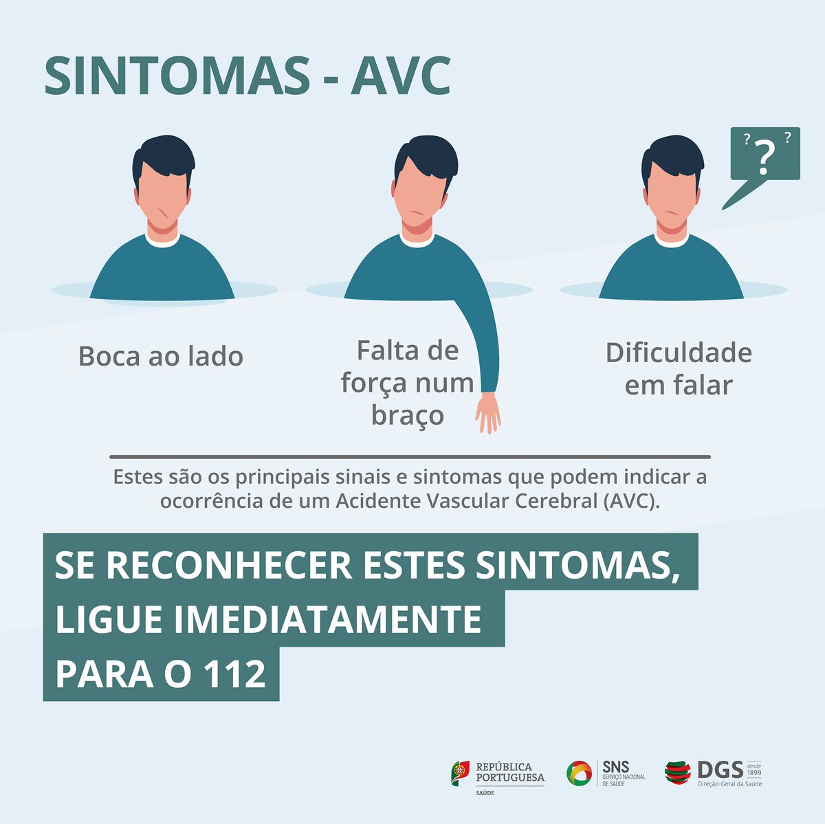 DGSaude's tweet photo. ⚠️Aprenda a reconhecer os principais sintomas de alerta de AVC. Se sentir um destes sinais, ou se os presenciar em alguém, ligue logo 112. 📞
#UmconselhodaDGS #DGS https://t.co/CxOt80bGZd