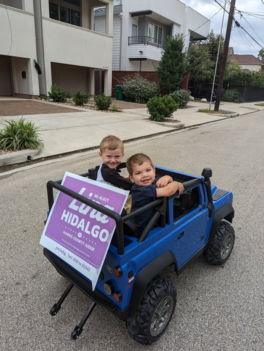 BlakeEllis's tweet photo. Just getting out the vote for @LinaHidalgoTX in style. Let's save democracy and build a positive future for these kids! https://t.co/zCeMQg0THu