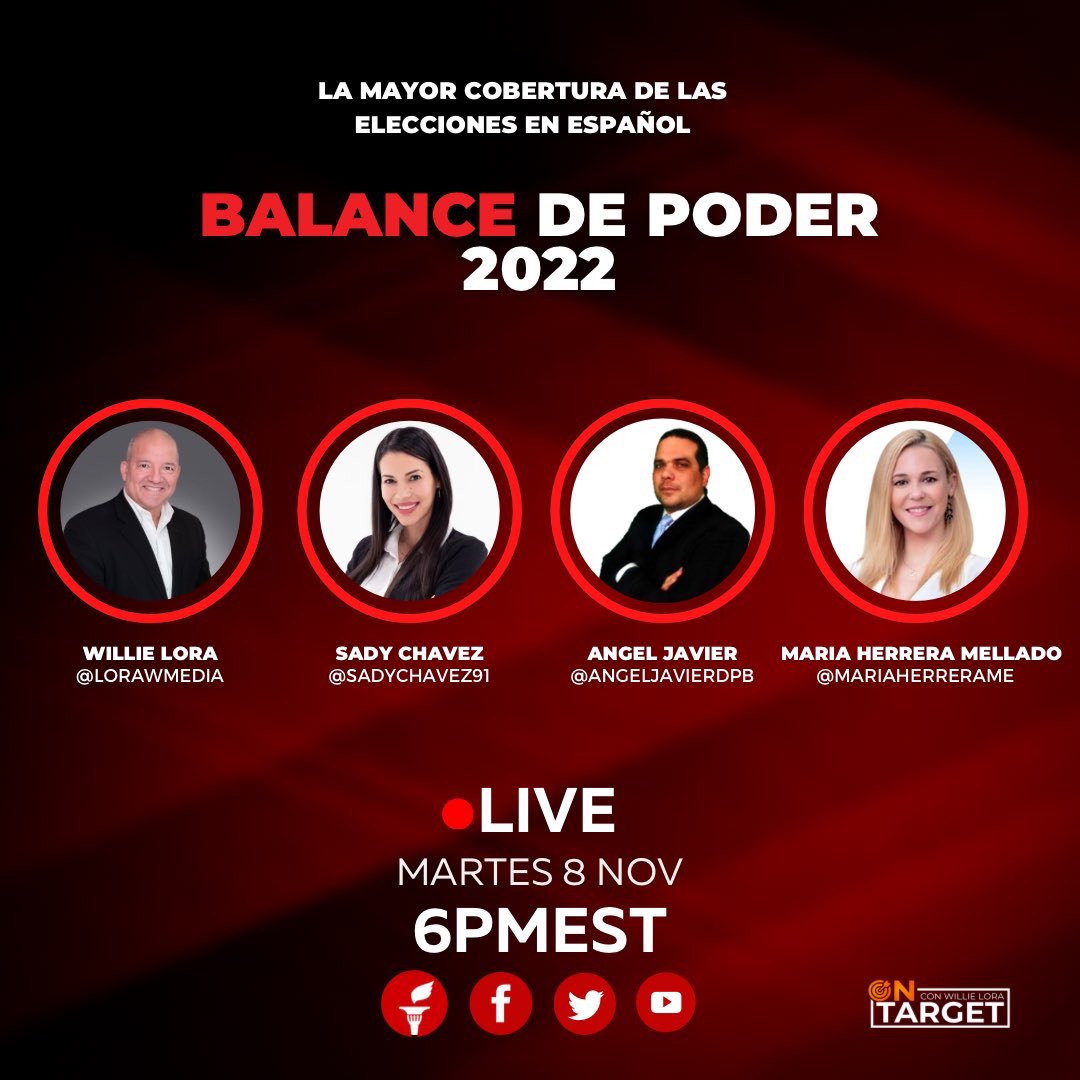 AngelJavierReal's tweet photo. 🚨¡No te pierdas nada de lo que va a pasar en estas Elecciones de Medio Término en USA! 🇺🇸 Este 8 de Noviembre les daremos el BALANCE DE PODER con @LoraWMedia, @SadyChavez91 y @MariaHerreraMe en VIVO! Les contaremos en ESPAÑOL todo lo que ocurre a través de @OnTarget_news https://t.co/Yvwonff0t6
