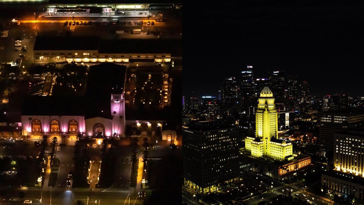 RoseBowlStadium's tweet photo. ✨The Golden Years✨
Last night, our 100th birthday culminated in a celebration across Southern California as venues glowed gold honoring the Rose Bowl as it entered its next century 💯 #RoseBowl

📸 @copterpilotla @westcoastaerial https://t.co/jLGOiU3grm