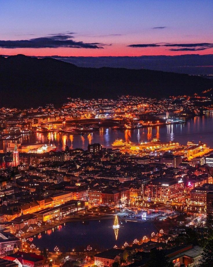 Magical view of Bergen illuminated at night in Norway 🇳🇴❤️💙🧡💜