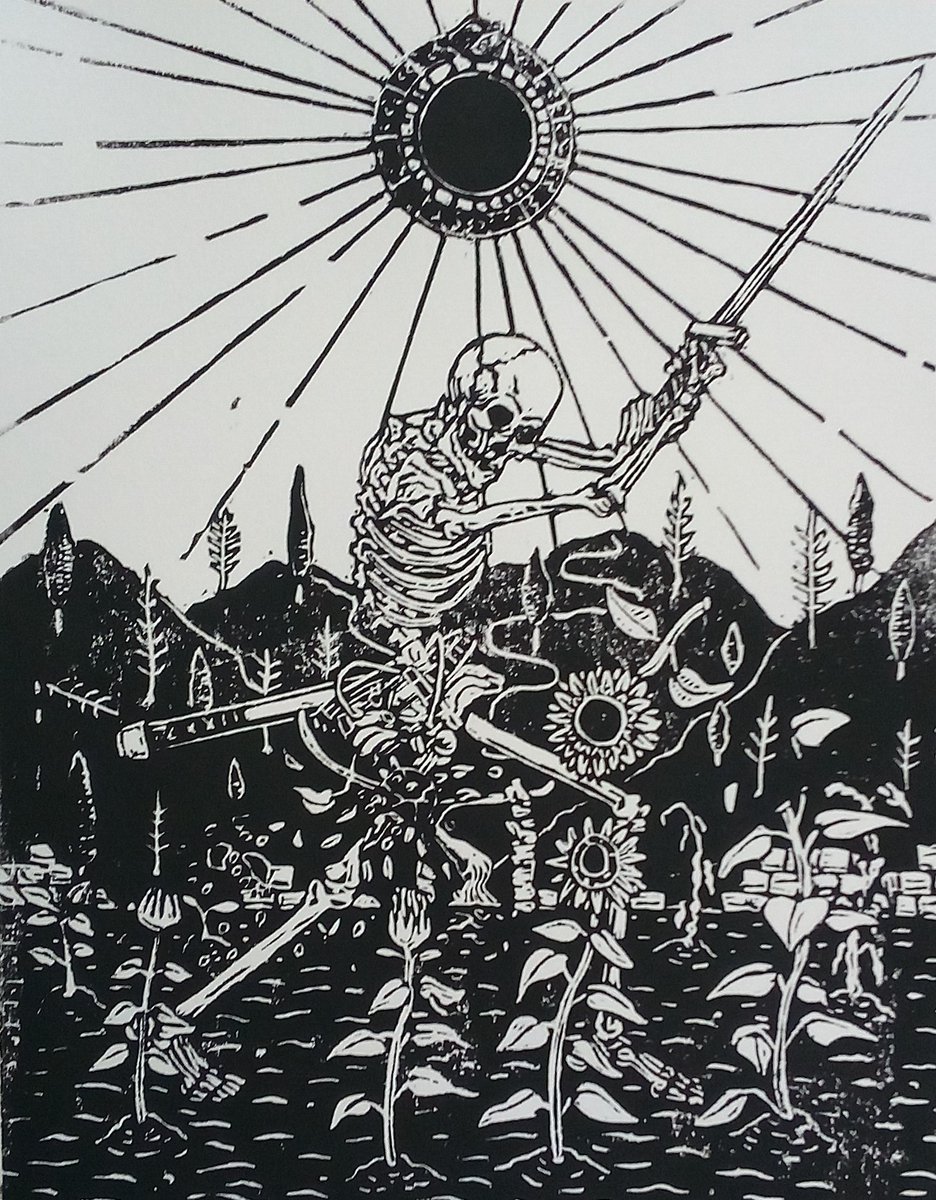 DanielCreary's tweet photo. Same As it Ever Was
https://t.co/pyQQsi3s9V
#memetomori #halloween #skeleton #linocut #printmaking #skeletonpower #sunflower #landscape #anatomyart https://t.co/mKIBHWhwVa