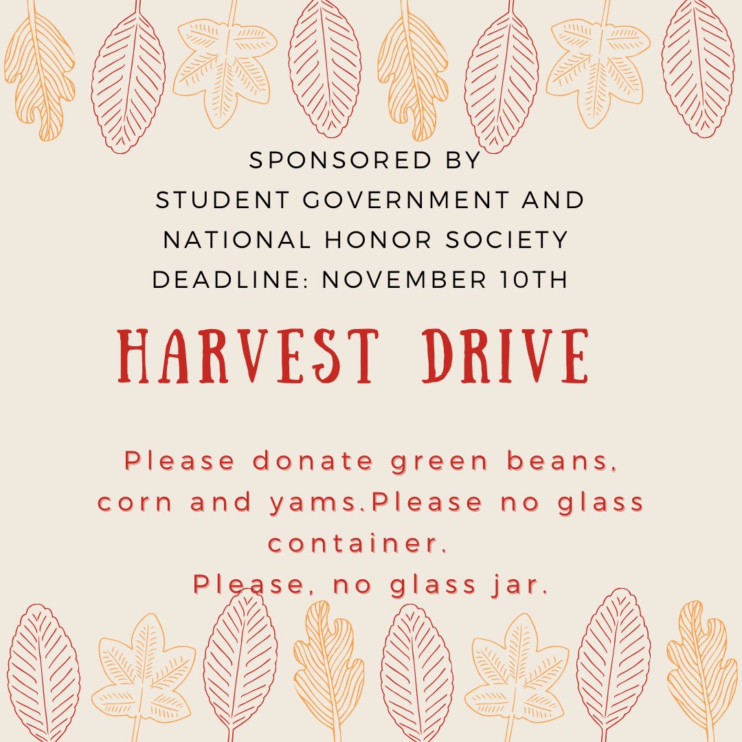 Please help support our local families with food insecurities by contributing nonperishable items to the Harvest Drive. Sponsored by our Student Government and National Honor Society. The collection ends on November 10th. #patriotsneverrest! #makingadifference @msformoso