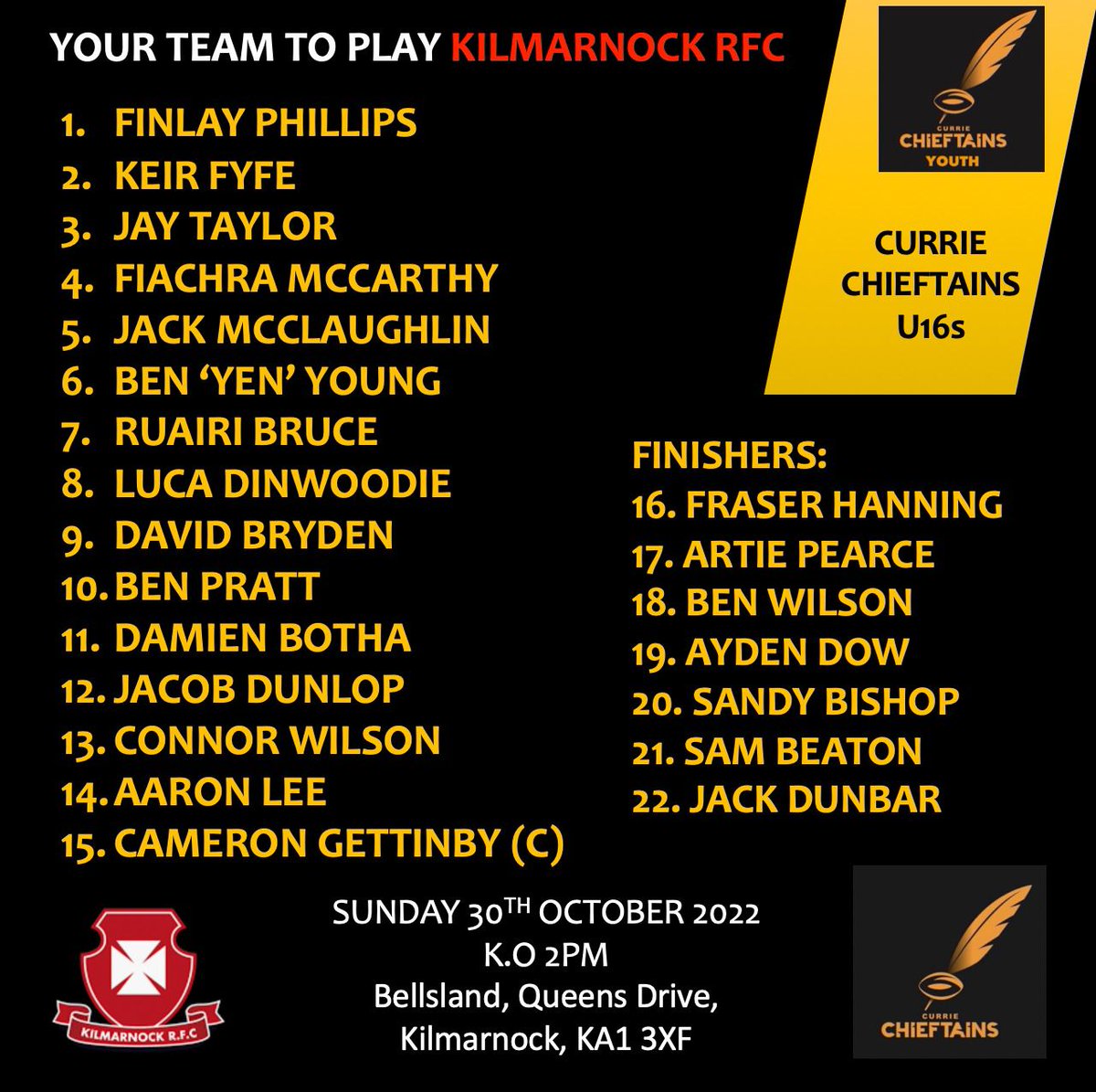 Good luck to our U16’s against @KilmarnockRFC tomorrow. A win will see them qualify for the shield quarter-final 🖤💛