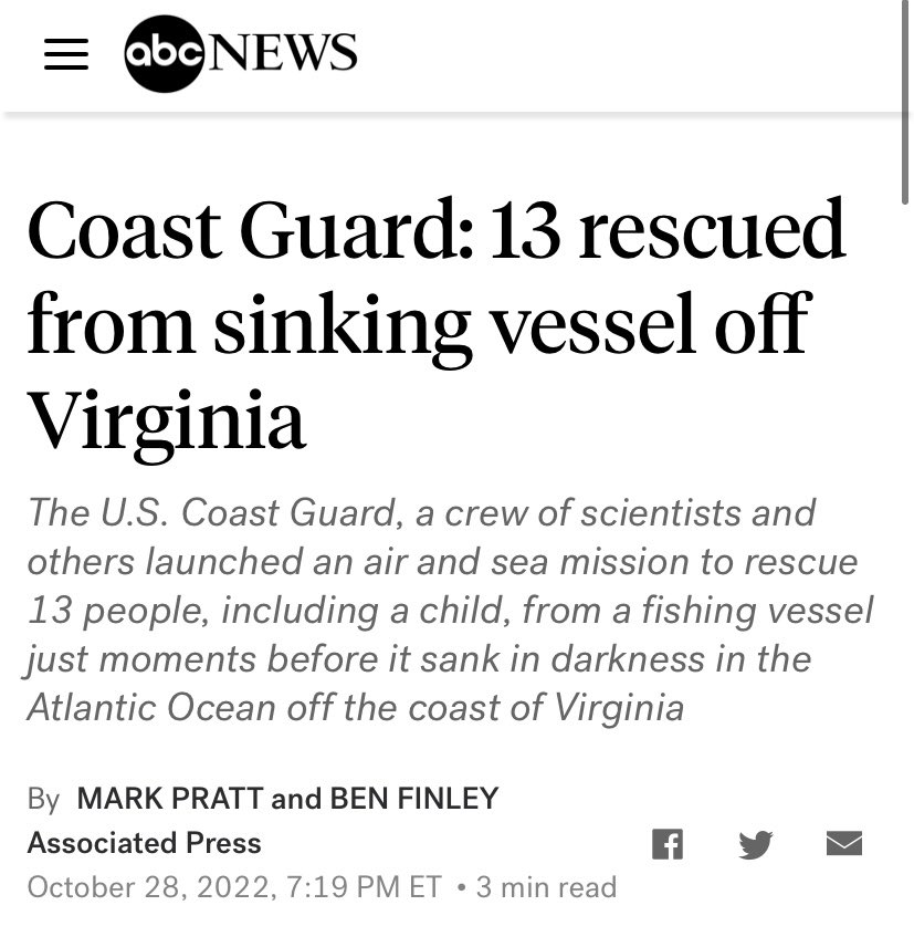 Thanks to the amazing crew on the R/V Atlantis we were able to respond to a fishing vessel’s mayday call. The ship sunk but we were able to get their crew onto another vessel heading to shore. Glad we were nearby to help!

abcnews.go.com/amp/US/wireSto…