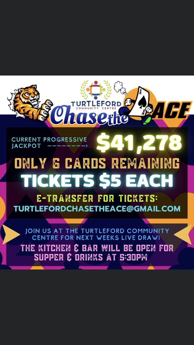 Our little town has a big jackpot 💰. Get yourself a chase the ace ticket for this weeks draw of over 41k! Feel free to retweet. E transfer turtlefordchasetheace@gmail.com 
Please leave name, phone and no. of tickets in the message.