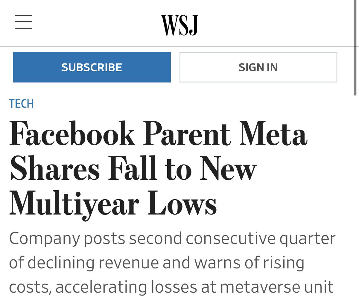 Zuck famously said “If we don't create the thing that kills Facebook, someone else will.” So his team created Metaverse to the kill the company. Mission accomplished 😎