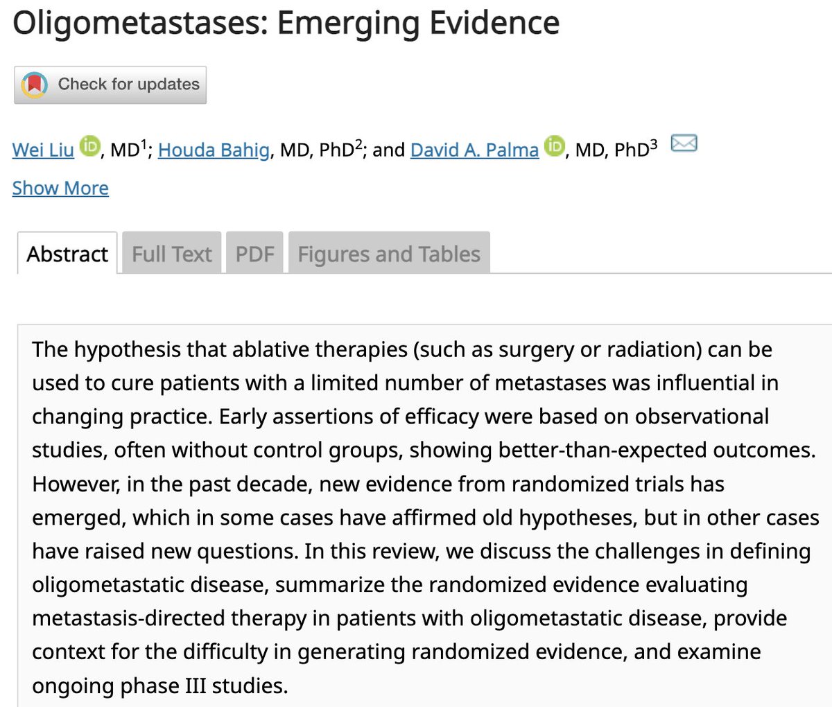 Happy to share our thoughts in the JCO on the randomized evidence on oligometastases, challenges in producing randomized evidence in this space, and ongoing phase III trials. @drdavidpalma @HoudaBahig ascopubs.org/doi/abs/10.120…