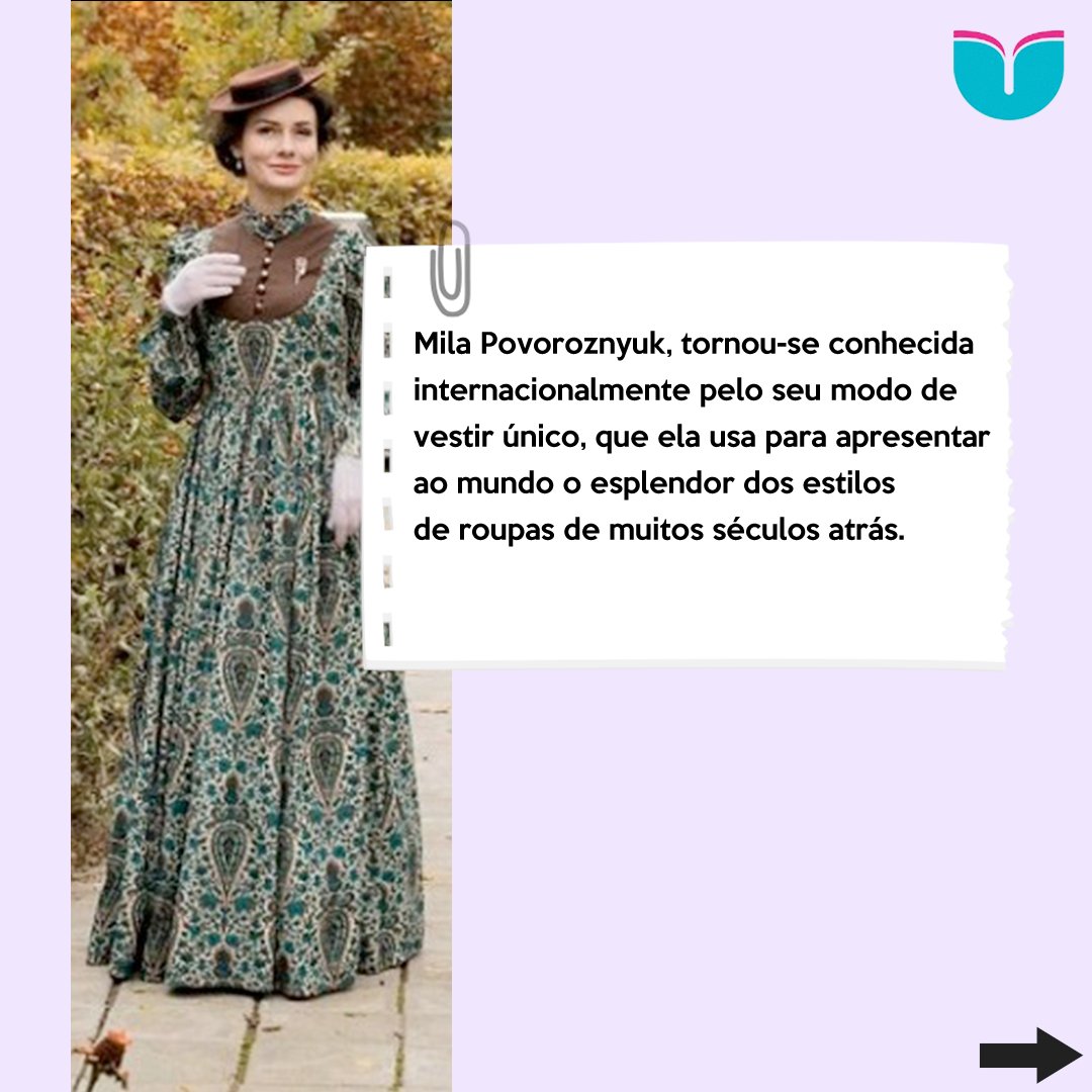 upmoda's tweet image. Mila Povoroznyuk, tornou-se conhecida internacionalmente pelo seu modo de vestir único, que ela usa para apresentar ao mundo o esplendor dos estilos de roupas de muitos séculos atrás. Siga @upmoda #moda #dicasmoda