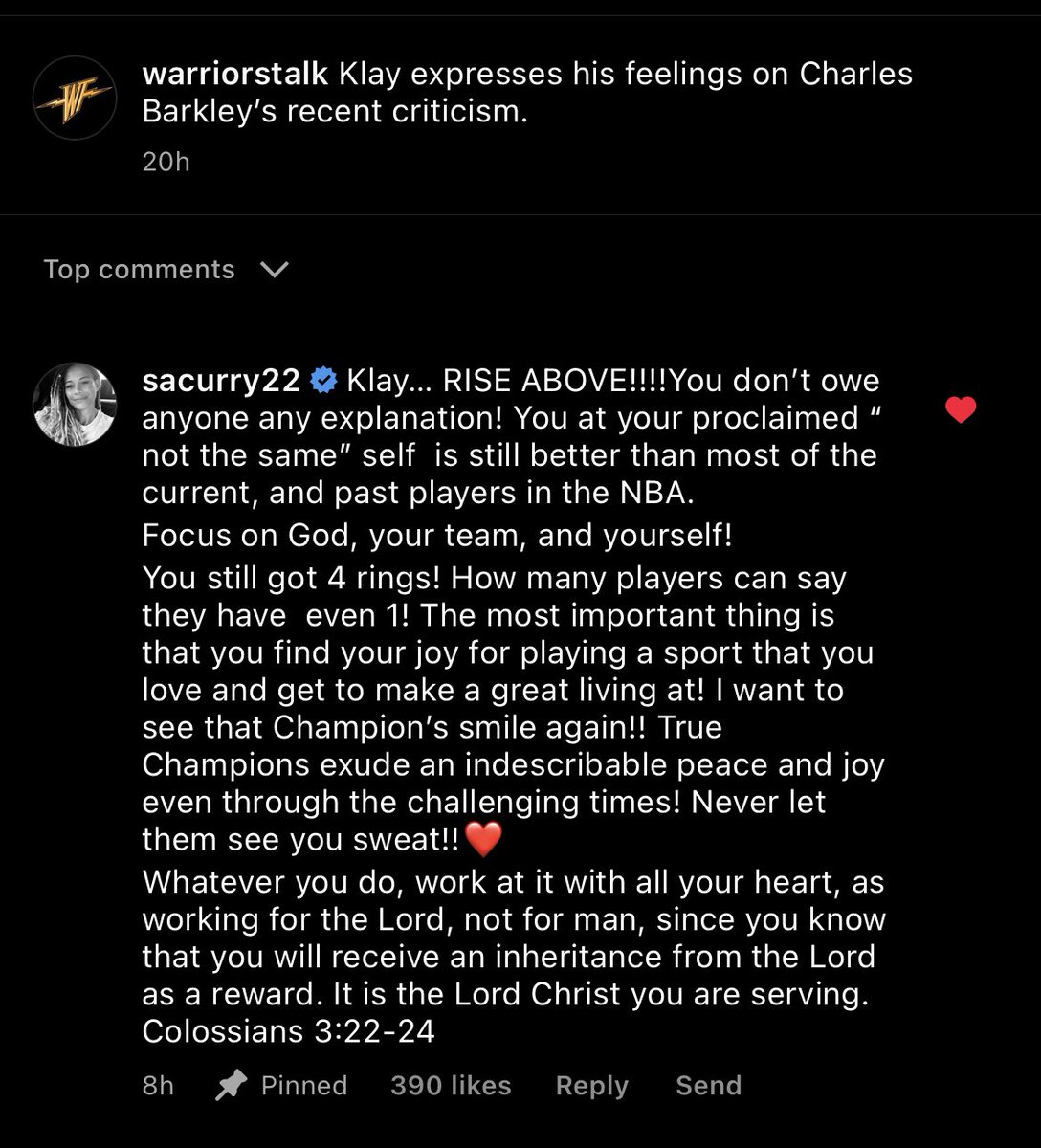 TheWarriorsTalk's tweet photo. Steph Curry’s mother, Sonya Curry, shared some words of wisdom for Klay Thompson in response to his comments directed at Charles Barkley 💯 https://t.co/rByPhyVhQC