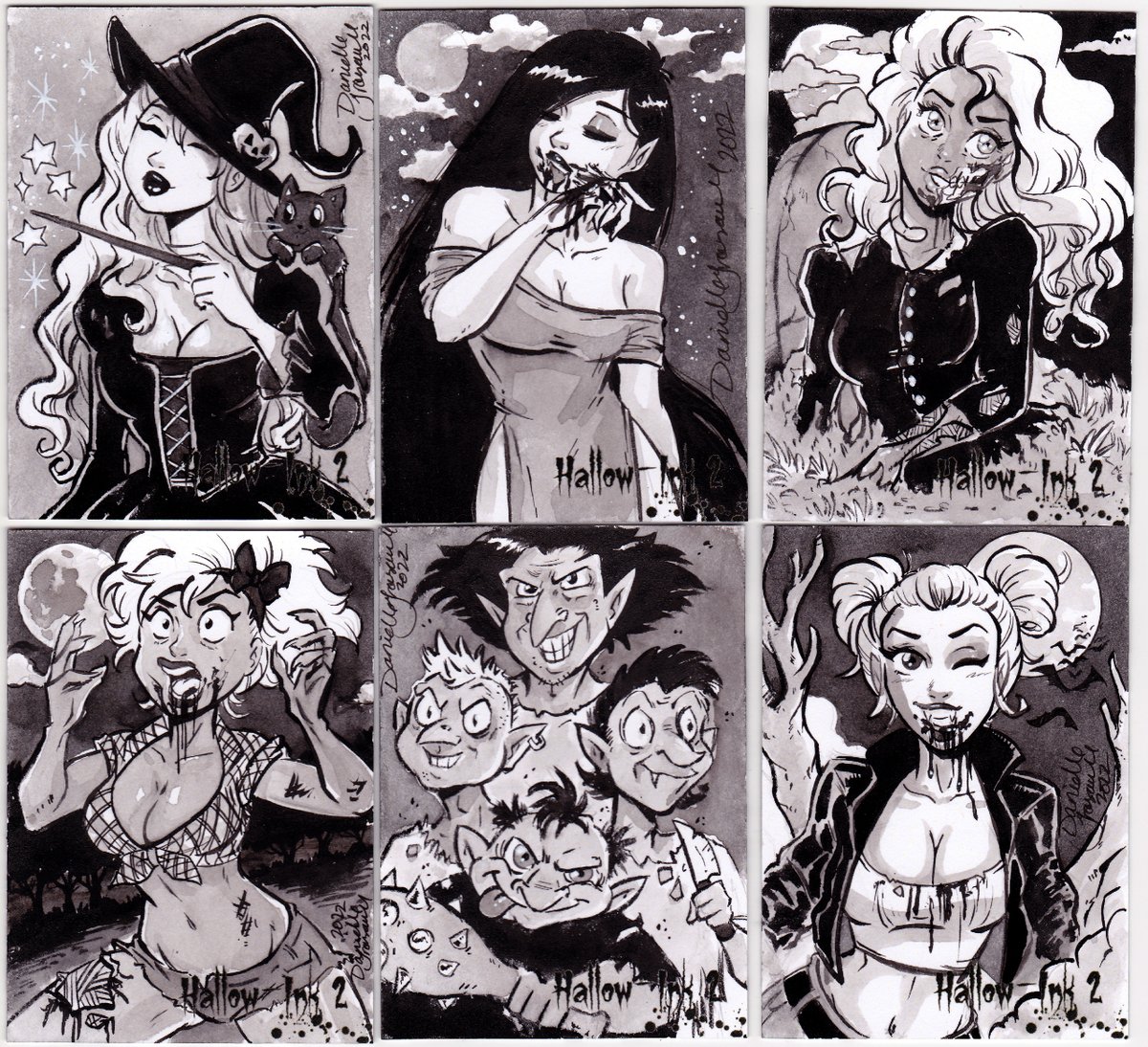 DanielleSoloud's tweet photo. Hallowink sketchcards drawn only with ink, a fun change &amp; also a bit challenging since I'm so used to doing everything in color lol

#sketchcards #halloween #pernastudios #spooky #witch #vampire #zombie #goblins #blackandwhite #ink #halloween2022 https://t.co/beByvZ9w3k