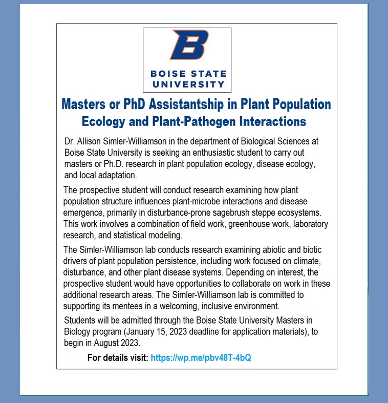 agristok's tweet photo. 📌 Masters or PhD Assistantship in Plant Population Ecology and Plant-Pathogen Interactions🌱🦠 at Boise State University, United States 🇺🇸... Please Retweet and spread the word! For details visit the link below👉 https://t.co/nZfzHhZW9a https://t.co/CMXrBl6c6U