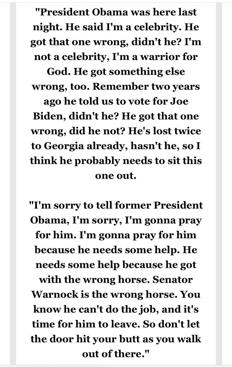 .@HerschelWalker responds to Obama’s endorsement of his opponent and accurately calling him “a celebrity who wants to play politics” by attacking him with lies and saying “I’m gonna pray for him cause he needs some help.” This is not going to help him with black voters in Georgia