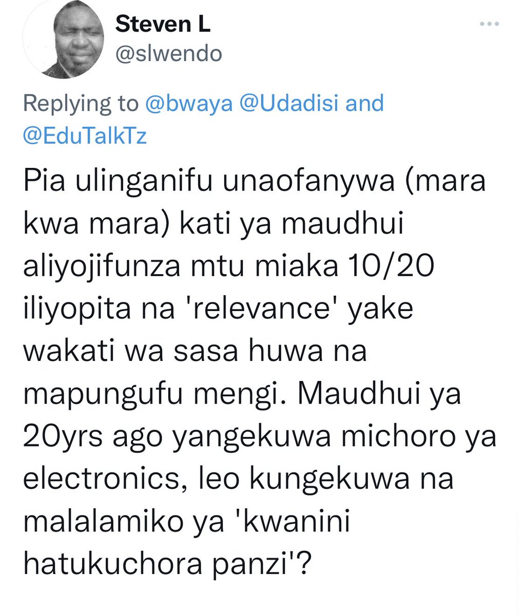 Udadisi's tweet photo. Rejea jibu la @slwendo hapo👇🏿.

Hii mijadala ya wahenga kuhusu tuliyofundishwa ZAMANI ni hasa kuhusu hali zetu SASA.

Mtu unaona umeshindwa kuwa mjasiriamali tajiri LEO,kwa mfano,kwa kuwa eti JANA ulielezwa habari za Kilimo cha Buni Brazil🤦🏿‍♂️.

Ila #Mtaala ni Buffet-in-Retrospect. https://t.co/XtREHlCt03