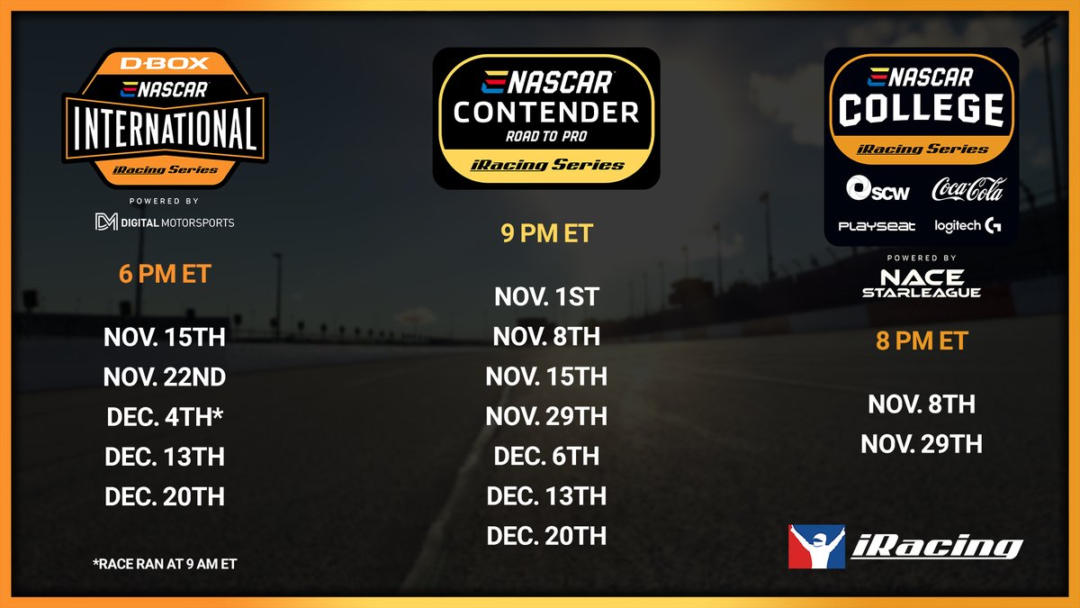 NEWS: @enascarofficial Winter Schedule - @iRacing to cover both College & Contender Series - @PodiumeSports to cover the International Series All coverage will be on @NASCAR & iRacing Platforms