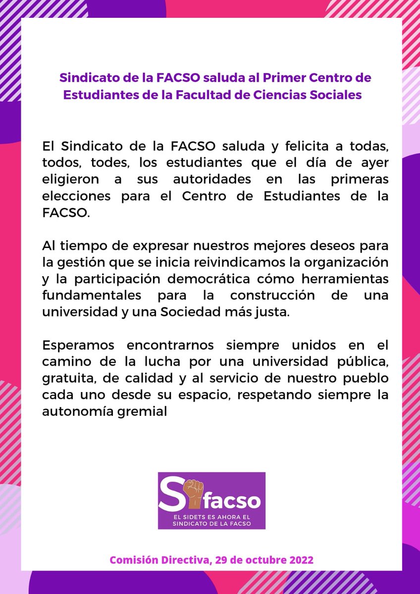 sidets1's tweet photo. Sindicato de la FACSO saluda al Primer Centro de Estudiantes de la Facultad de Ciencias Sociales https://t.co/xFvWwIz0s3