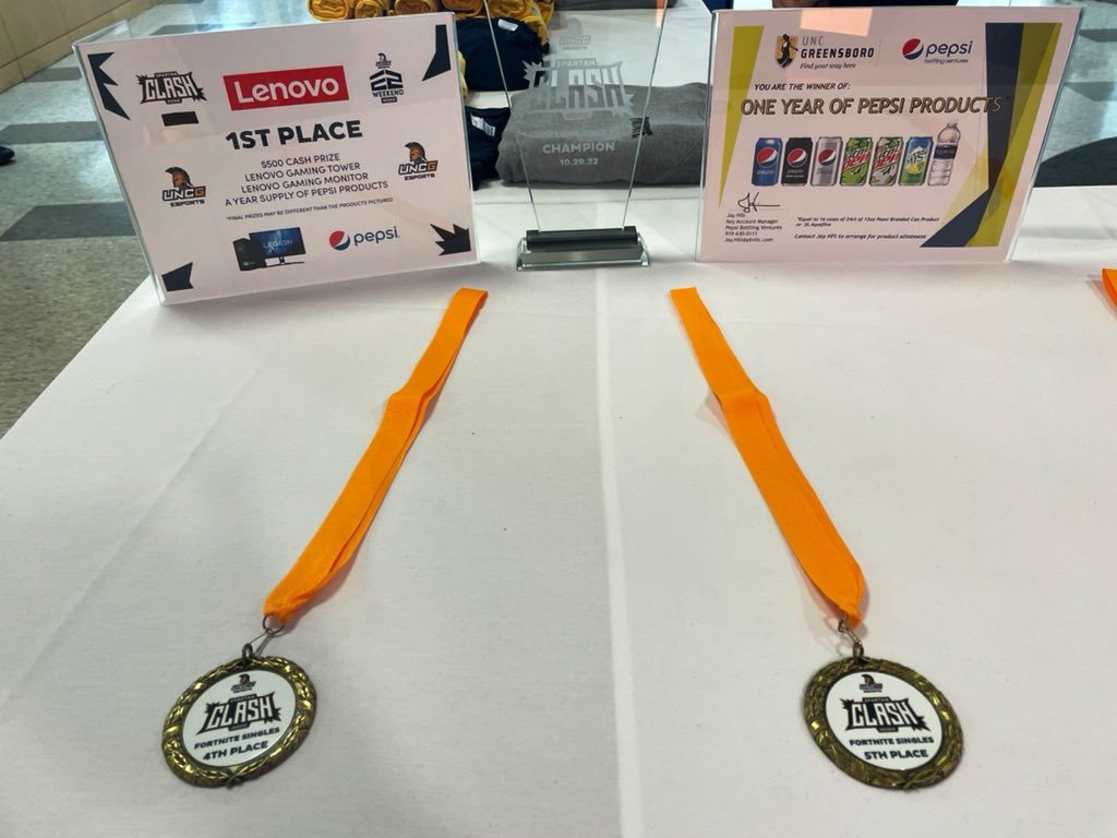 UNCG's tweet photo. Welcome to the finalists competing today in our first #SpartanClash Fortnite tournament! The students, who are warming up now, represent a range of NC high schools and colleges.
Finalists can win up to $500, #Lenovo gaming gear, and #Pepsi products.
#E2Weekend #UNCGesports https://t.co/PHUX5b8BIB