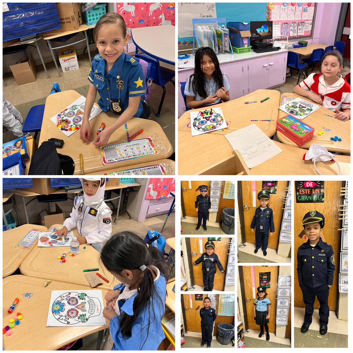 BucksElementary's tweet photo. More Fall fun! 2nd grade chose Professionals! Look at all the future doctors, policeman, teachers, nurses, fireman etc…! Then a fun Spookley and Dia de Muertos the Dead craft! #professionals #education #spookley #dayofthedead #fallfun @MariaJi52601059 @BrittanyJDunn https://t.co/F15Ut7Z8IU