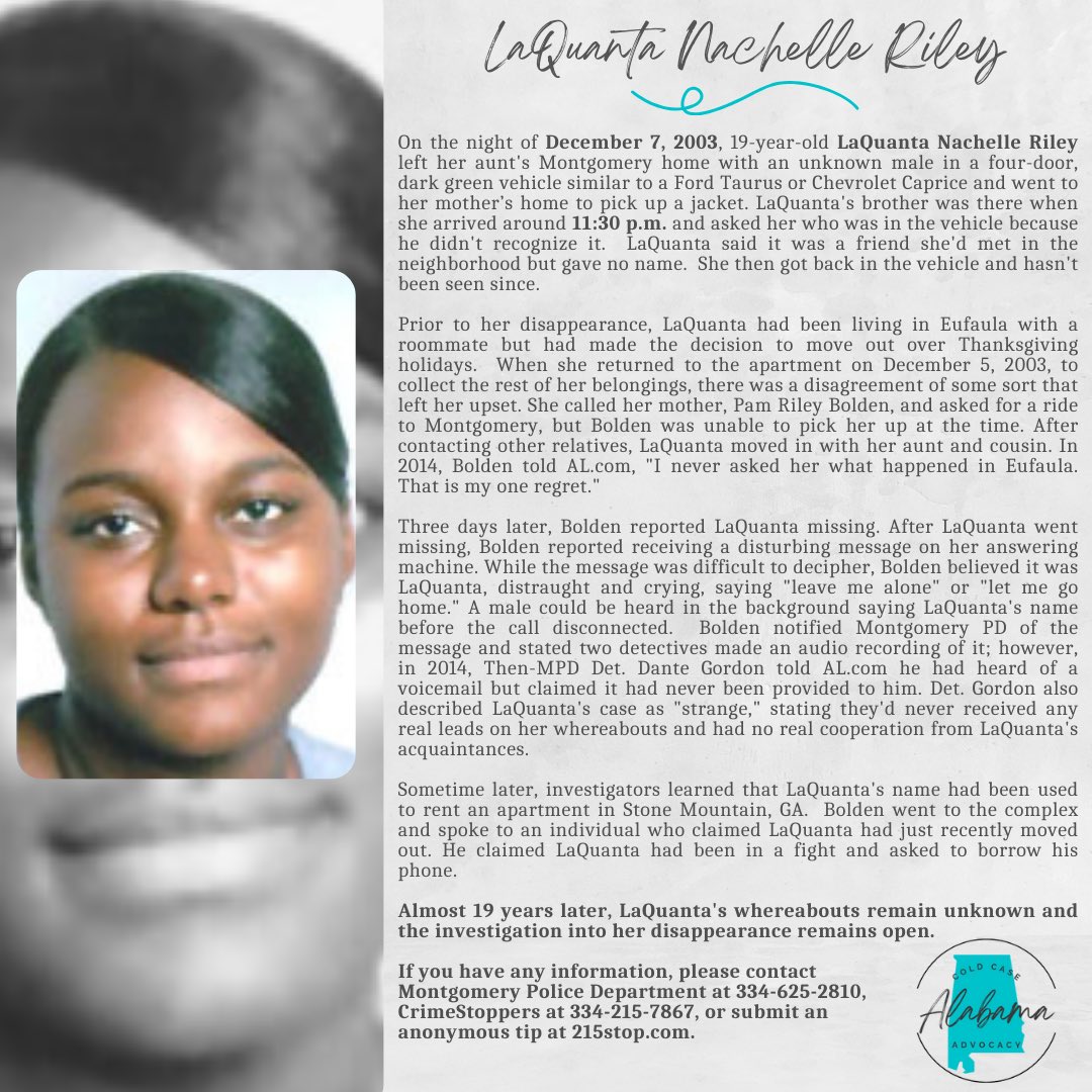 ALColdCase's tweet photo. #LaQuantaRiley vanished from #MontgomeryAL almost 19 years ago. She was last seen getting into a 4-door dark green car similar to a Ford Taurus or Chevrolet Caprice with an unknown male. https://t.co/zW2VbwCSH0