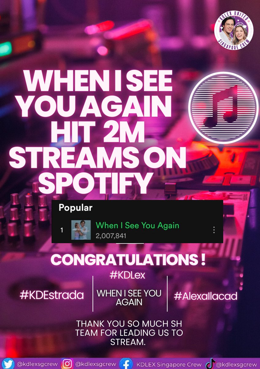 When I See You Again hit 2m streams on Spotify. Congratulation to our mains @alexailacad and @kdestrada_. Thank you so much solids and sweethearts who never give up on streaming since day 1. Most esp. @kdlexonair_++