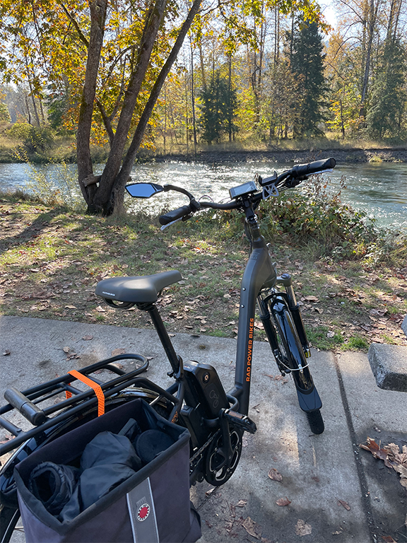 An e-bike victory: keeping up with my spouse on her e-bike for a very lovely 20 mile loop from home to along the Willamette River in Eugene &amp; Springfield, OR on a beautiful fall weekend. <a href="/RadPowerBikes/">Rad Power Bikes</a>