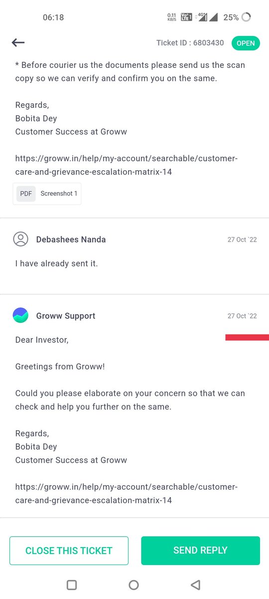 dgenerationnn's tweet photo. Nominee changing is such an important issue but the customer support @_groww are least concerned.
Ticket (6803430) has been raised on 16th October but till now they couldn't understand the concern.
You should resign Bobita Dey @_groww
Pity.
I am thinking of changing to Zerodha. https://t.co/ePtn1sJcQL