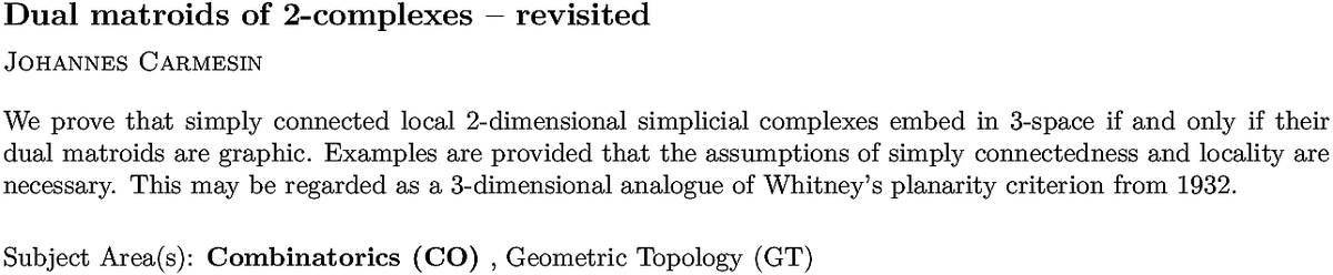 arxiv.org/abs/2210.15594…
J Carmesin
Dual matroids of 2-complexes -- revisited
