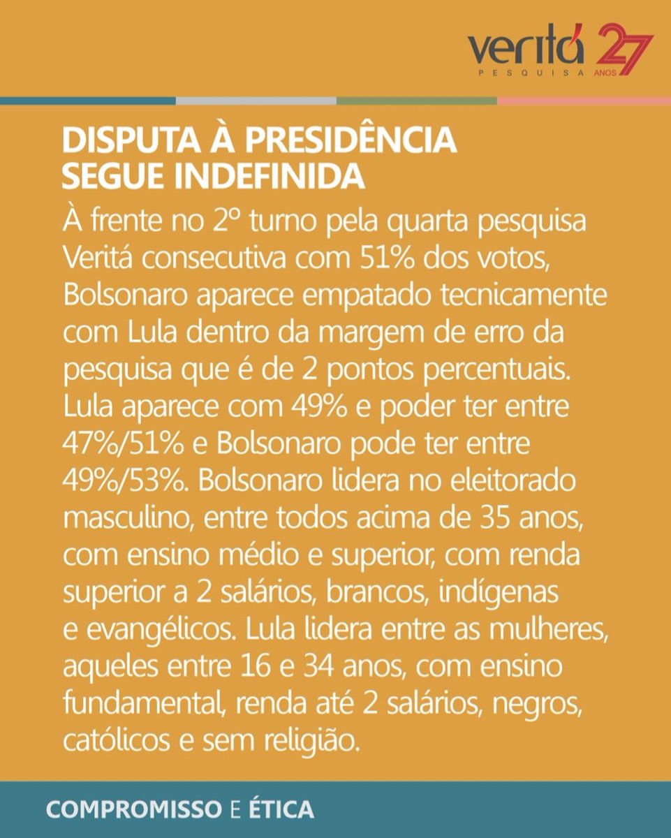 InstitutoVerit1's tweet photo. A pesquisa Veritá traz também onde cada candidato tem melhor desempenho na intenção de votos e em quais segmentos do eleitorado. Confira:

#Eleicoes2022 
#Presidente https://t.co/K1X0unjoaW