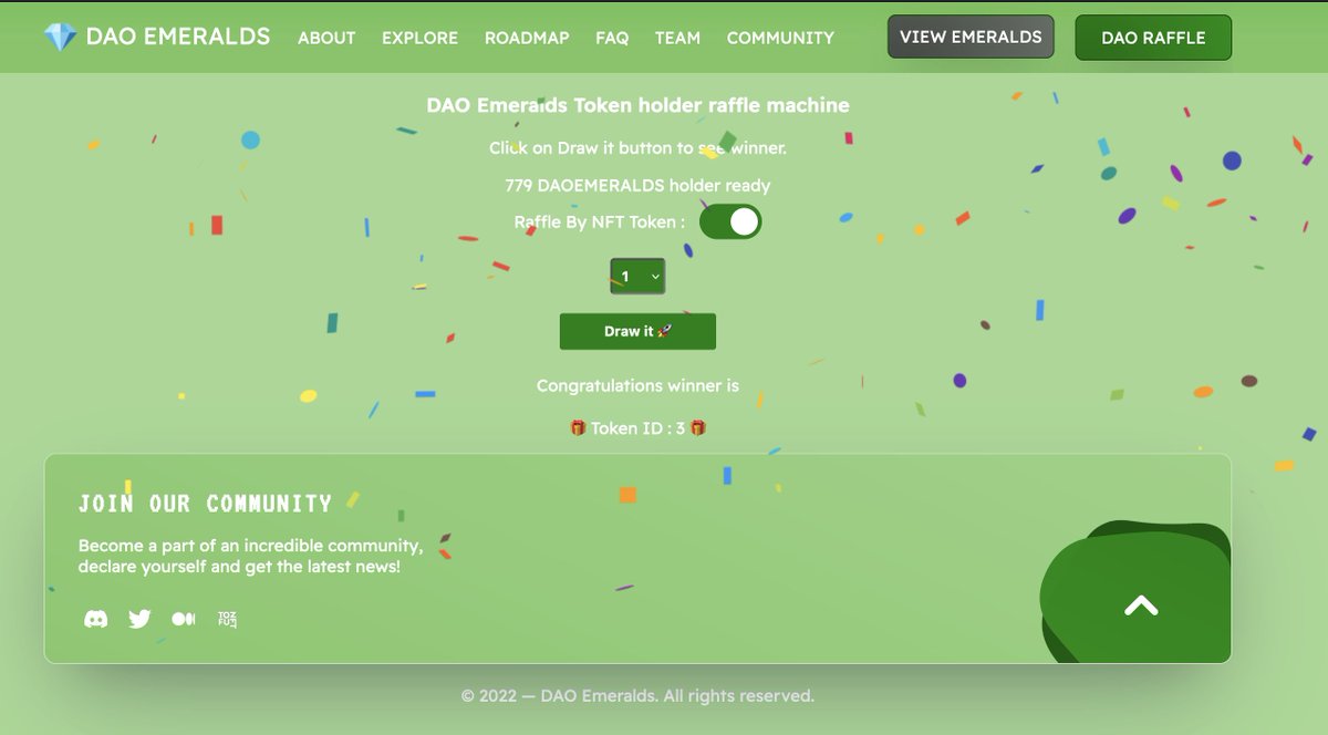 💎 We have a new winner: Oasis Punk winner selected!!! 💎

🎁🎁🎁🎁🎁🎁🎁🎁🎁🎁🎁🎁🎁🎁
Winner:  NFT ID : 3

If you hold DAO EMERALD ID #3, please claim your Oasis Punk within 7 days via DM to us here or on Twitter!