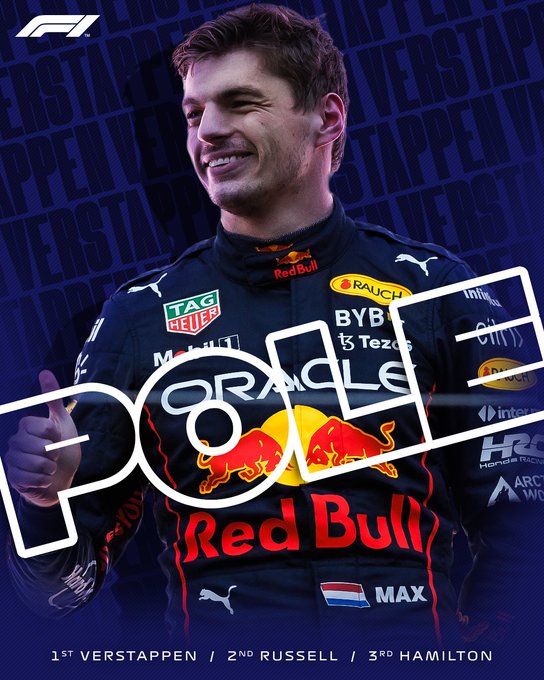 A dark blue graphic with Max Verstappen depicted as polesitter